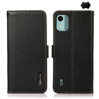 For Nokia C12 4G KHAZNEH Side-Magnetic Litchi Genuine Leather RFID Phone Case(Black) - Nokia Cases by buy2fix | Online Shopping UK | buy2fix