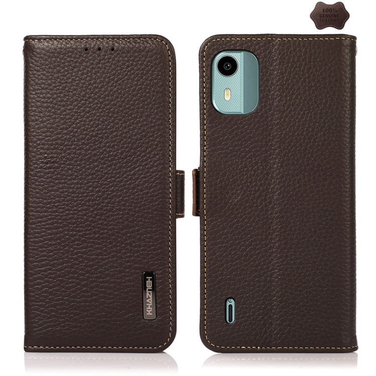 For Nokia C12 4G KHAZNEH Side-Magnetic Litchi Genuine Leather RFID Phone Case(Brown) - Nokia Cases by buy2fix | Online Shopping UK | buy2fix