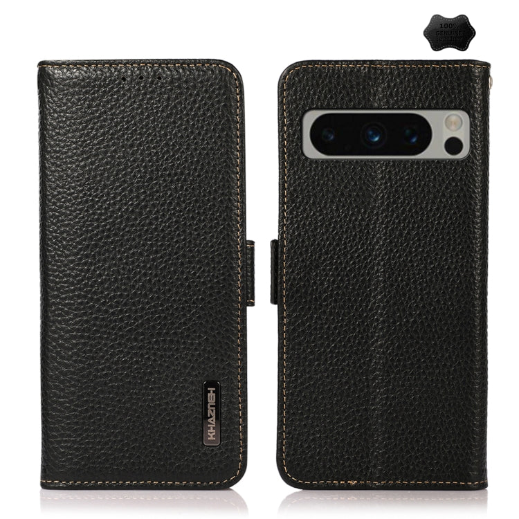 For Google Pixel 8 Pro KHAZNEH Side-Magnetic Litchi Genuine Leather RFID Phone Case(Black) - Google Cases by buy2fix | Online Shopping UK | buy2fix
