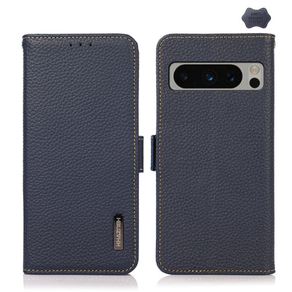 For Google Pixel 8 Pro KHAZNEH Side-Magnetic Litchi Genuine Leather RFID Phone Case(Blue) - Google Cases by buy2fix | Online Shopping UK | buy2fix