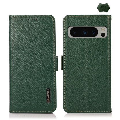 For Google Pixel 8 Pro KHAZNEH Side-Magnetic Litchi Genuine Leather RFID Phone Case(Green) - Google Cases by buy2fix | Online Shopping UK | buy2fix