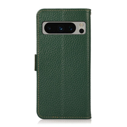 For Google Pixel 8 Pro KHAZNEH Side-Magnetic Litchi Genuine Leather RFID Phone Case(Green) - Google Cases by buy2fix | Online Shopping UK | buy2fix