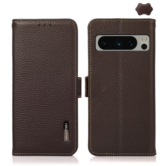 For Google Pixel 8 Pro KHAZNEH Side-Magnetic Litchi Genuine Leather RFID Phone Case(Brown) - Google Cases by buy2fix | Online Shopping UK | buy2fix