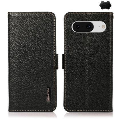 For Google Pixel 8 KHAZNEH Side-Magnetic Litchi Genuine Leather RFID Phone Case(Black) - Google Cases by buy2fix | Online Shopping UK | buy2fix