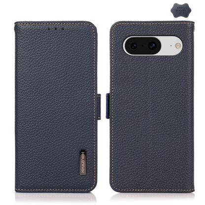 For Google Pixel 8 KHAZNEH Side-Magnetic Litchi Genuine Leather RFID Phone Case(Blue) - Google Cases by buy2fix | Online Shopping UK | buy2fix