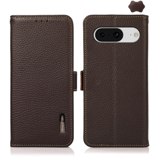 For Google Pixel 8 KHAZNEH Side-Magnetic Litchi Genuine Leather RFID Phone Case(Brown) - Google Cases by buy2fix | Online Shopping UK | buy2fix