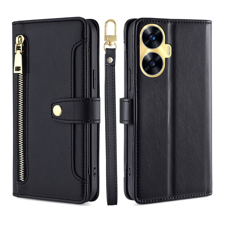 For Realme C55 4G Sheep Texture Cross-body Zipper Wallet Leather Phone Case(Black) by buy2fix