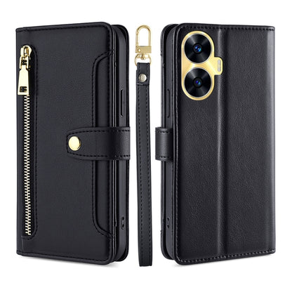 For Realme C55 4G Sheep Texture Cross-body Zipper Wallet Leather Phone Case(Black) by buy2fix