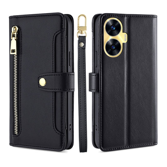 For Realme C55 4G Sheep Texture Cross-body Zipper Wallet Leather Phone Case(Black) by buy2fix