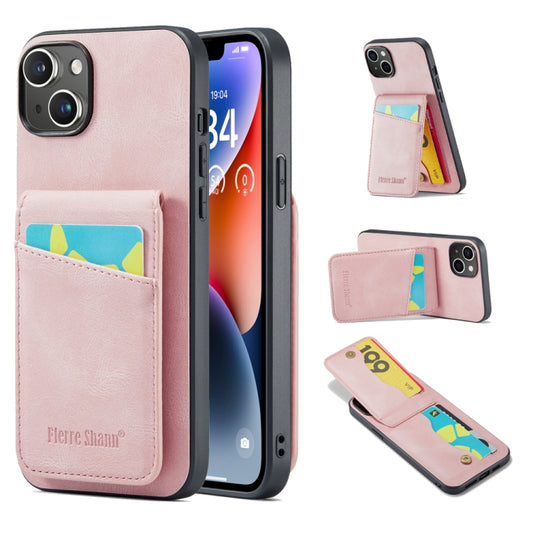For iPhone 14 Fierre Shann Crazy Horse Card Holder Back Cover PU Phone Case(Pink) - iPhone 14 Cases by FIERRE SHANN | Online Shopping UK | buy2fix