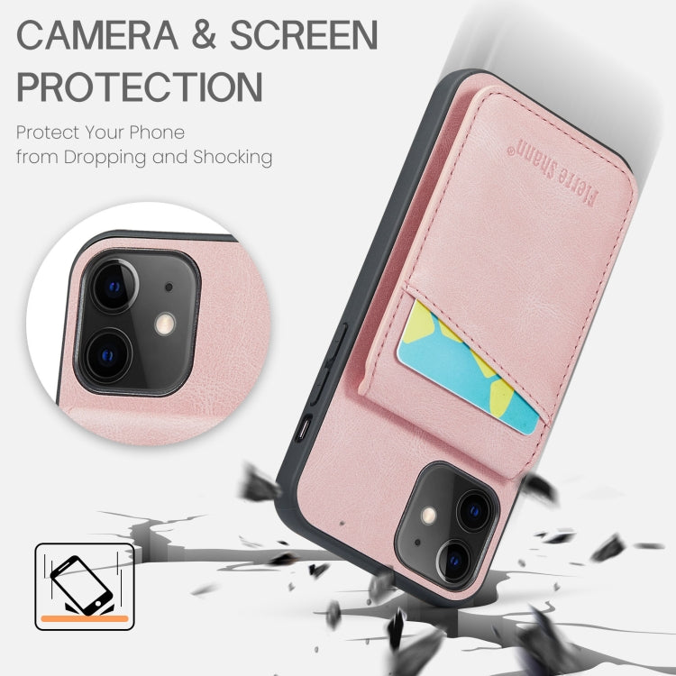 For iPhone 11 Fierre Shann Crazy Horse Card Holder Back Cover PU Phone Case(Pink) - iPhone 11 Cases by FIERRE SHANN | Online Shopping UK | buy2fix