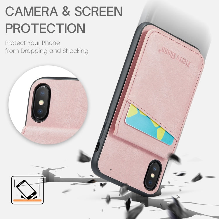 For iPhone XS Max Fierre Shann Crazy Horse Card Holder Back Cover PU Phone Case(Pink) - More iPhone Cases by FIERRE SHANN | Online Shopping UK | buy2fix