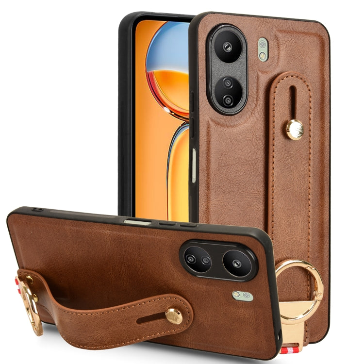 For Xiaomi Redmi 13C 4G/Poco C65 Wristband Leather Back Phone Case(Brown) by buy2fix