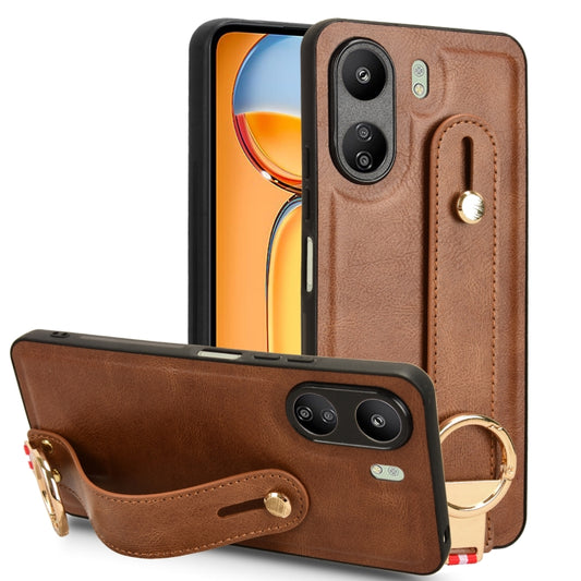 For Xiaomi Redmi 13C 4G/Poco C65 Wristband Leather Back Phone Case(Brown) by buy2fix