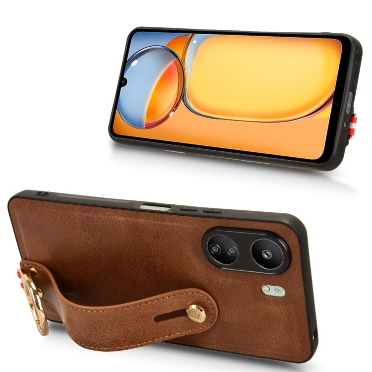For Xiaomi Redmi 13C 4G/Poco C65 Wristband Leather Back Phone Case(Brown) by buy2fix