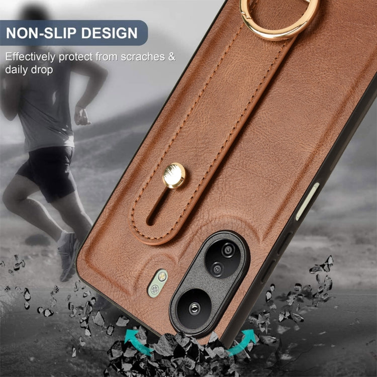 For Xiaomi Redmi 13C 4G/Poco C65 Wristband Leather Back Phone Case(Brown) by buy2fix