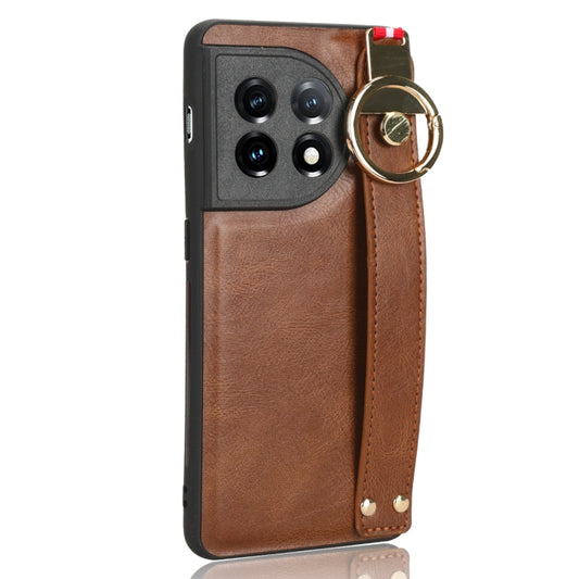For OnePlus 11 Wristband Leather Back Phone Case(Brown) - OnePlus Cases by buy2fix | Online Shopping UK | buy2fix