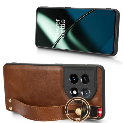For OnePlus 11 Wristband Leather Back Phone Case(Brown) - OnePlus Cases by buy2fix | Online Shopping UK | buy2fix