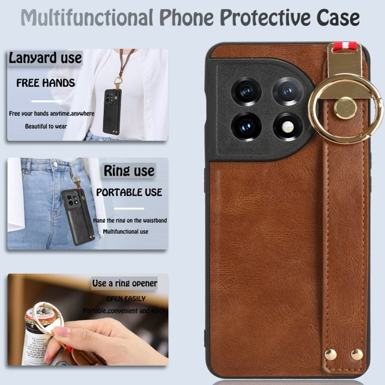 For OnePlus 11 Wristband Leather Back Phone Case(Brown) - OnePlus Cases by buy2fix | Online Shopping UK | buy2fix