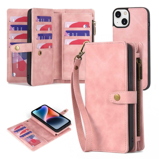 For iPhone 14 Zipper Wallet Magnetic Detachable Leather Phone Case(Pink) by buy2fix