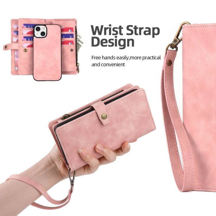 For iPhone 14 Plus Zipper Wallet Magnetic Detachable Leather Phone Case(Pink) - iPhone 14 Plus Cases by buy2fix | Online Shopping UK | buy2fix