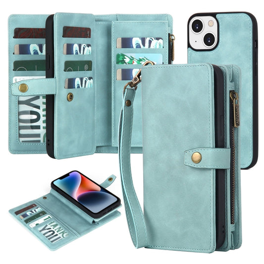 For iPhone 14 Plus Zipper Wallet Magnetic Detachable Leather Phone Case(Blue) - iPhone 14 Plus Cases by buy2fix | Online Shopping UK | buy2fix