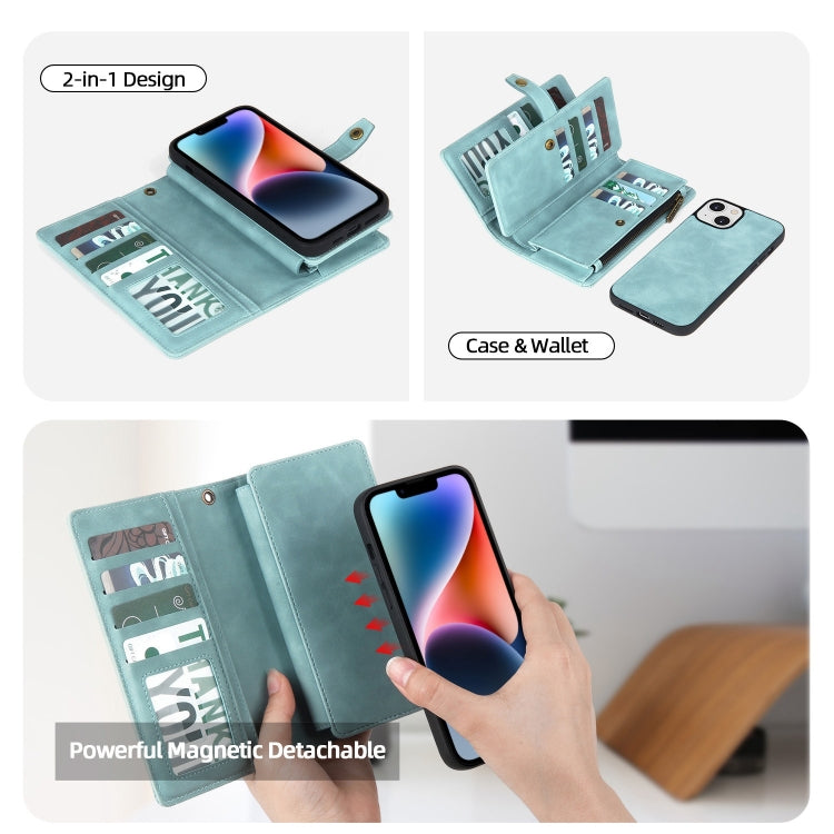 For iPhone 14 Plus Zipper Wallet Magnetic Detachable Leather Phone Case(Blue) - iPhone 14 Plus Cases by buy2fix | Online Shopping UK | buy2fix