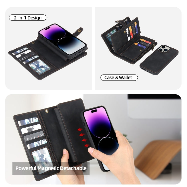 For iPhone 14 Pro Max Zipper Wallet Magnetic Detachable Leather Phone Case(Black) - iPhone 14 Pro Max Cases by buy2fix | Online Shopping UK | buy2fix