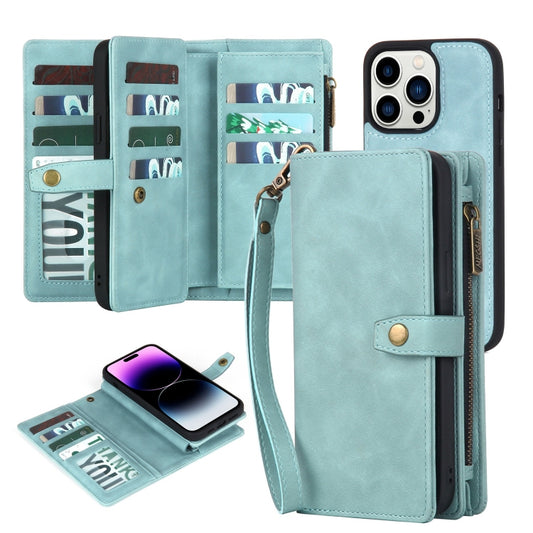 For iPhone 14 Pro Max Zipper Wallet Magnetic Detachable Leather Phone Case(Blue) - iPhone 14 Pro Max Cases by buy2fix | Online Shopping UK | buy2fix