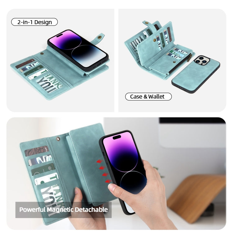 For iPhone 14 Pro Max Zipper Wallet Magnetic Detachable Leather Phone Case(Blue) - iPhone 14 Pro Max Cases by buy2fix | Online Shopping UK | buy2fix