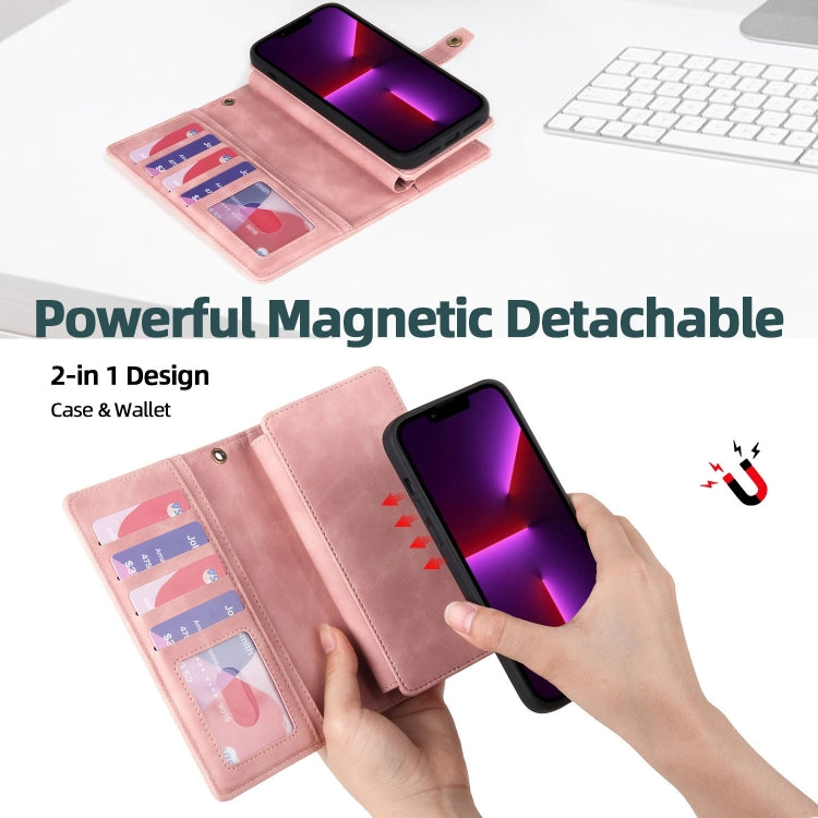 For iPhone 13 Zipper Wallet Magnetic Detachable Leather Phone Case(Pink) by buy2fix
