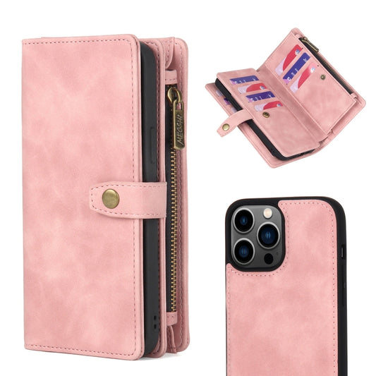 For iPhone 13 Pro Zipper Wallet Magnetic Detachable Leather Phone Case(Pink) - iPhone 13 Pro Cases by buy2fix | Online Shopping UK | buy2fix