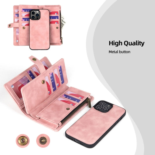 For iPhone 13 Pro Zipper Wallet Magnetic Detachable Leather Phone Case(Pink) - iPhone 13 Pro Cases by buy2fix | Online Shopping UK | buy2fix