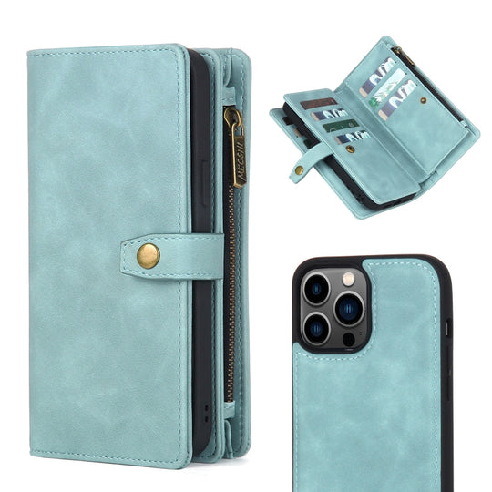 For iPhone 13 Pro Zipper Wallet Magnetic Detachable Leather Phone Case(Blue)