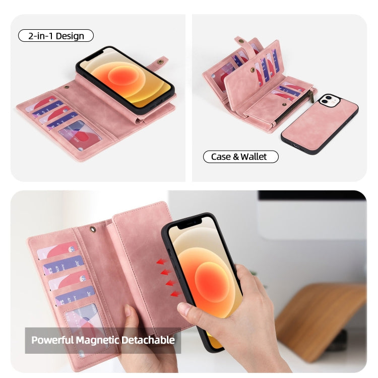 For iPhone XR Zipper Wallet Magnetic Detachable Leather Phone Case(Pink) - More iPhone Cases by buy2fix | Online Shopping UK | buy2fix
