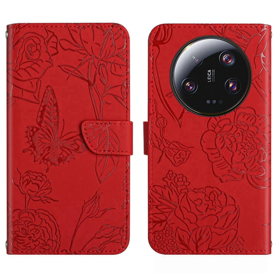 For Xiaomi 14 Ultra Skin Feel Butterfly Embossed Flip Leather Phone Case(Red)