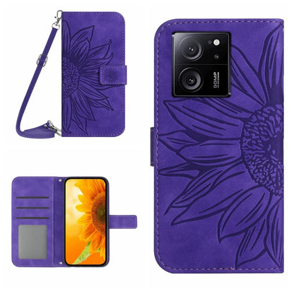 For Xiaomi 13T / 13T Pro Skin Feel Sun Flower Embossed Flip Leather Phone Case with Lanyard(Dark Purple) - Xiaomi Cases by buy2fix | Online Shopping UK | buy2fix