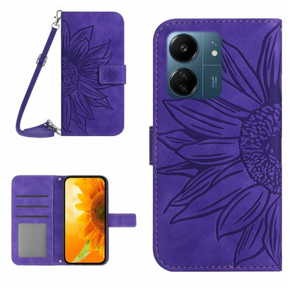 For Xiaomi Redmi 13C 4G Skin Feel Sun Flower Embossed Flip Leather Phone Case with Lanyard(Dark Purple) by buy2fix