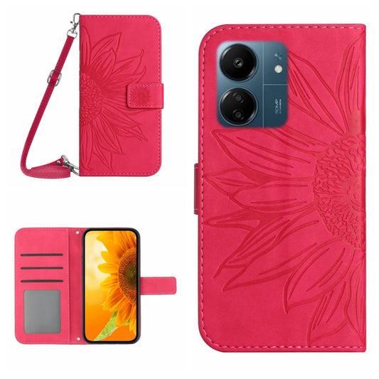 For Xiaomi Redmi 13C 4G Skin Feel Sun Flower Embossed Flip Leather Phone Case with Lanyard(Rose Red) by buy2fix