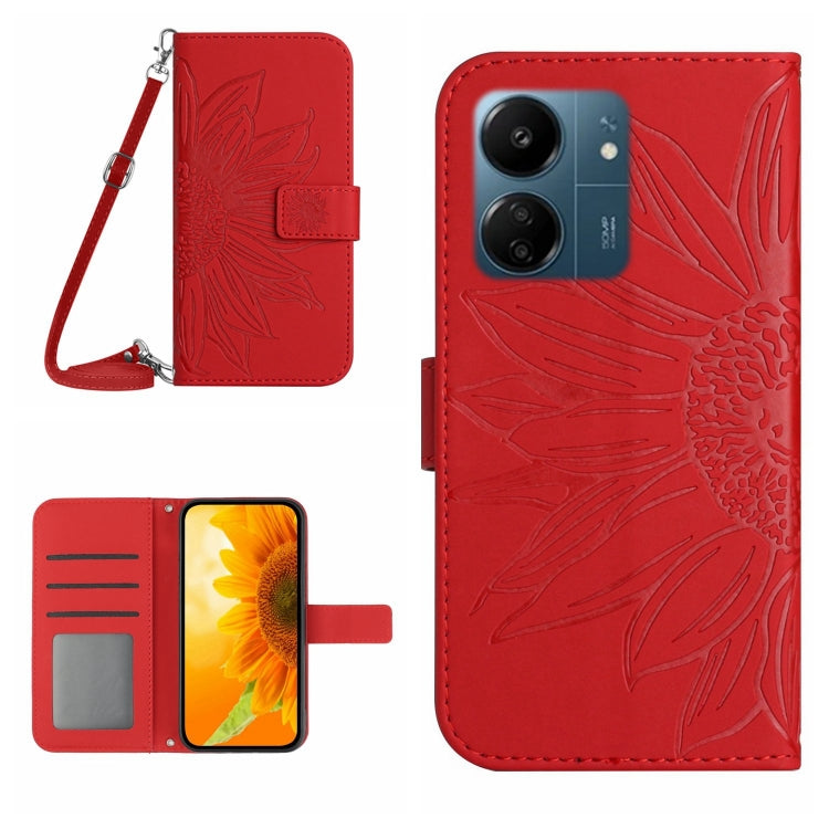 For Xiaomi Redmi 13C 4G Skin Feel Sun Flower Embossed Flip Leather Phone Case with Lanyard(Red) by buy2fix