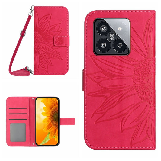For Xiaomi 14 Skin Feel Sun Flower Embossed Flip Leather Phone Case with Lanyard(Rose Red) - Xiaomi Cases by buy2fix | Online Shopping UK | buy2fix
