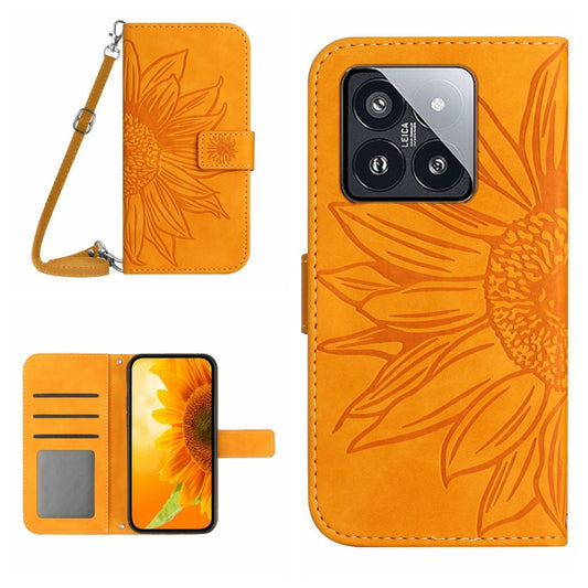 For Xiaomi 14 Skin Feel Sun Flower Embossed Flip Leather Phone Case with Lanyard(Yellow) - Xiaomi Cases by buy2fix | Online Shopping UK | buy2fix