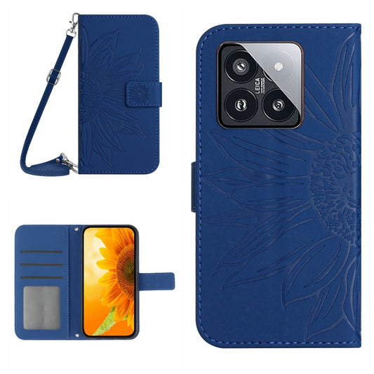For Xiaomi 14 Skin Feel Sun Flower Embossed Flip Leather Phone Case with Lanyard(Dark Blue) - Xiaomi Cases by buy2fix | Online Shopping UK | buy2fix