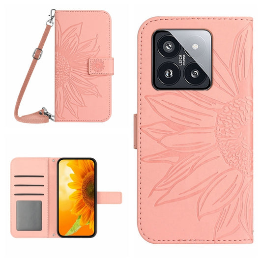 For Xiaomi 14 Skin Feel Sun Flower Embossed Flip Leather Phone Case with Lanyard(Pink) - Xiaomi Cases by buy2fix | Online Shopping UK | buy2fix