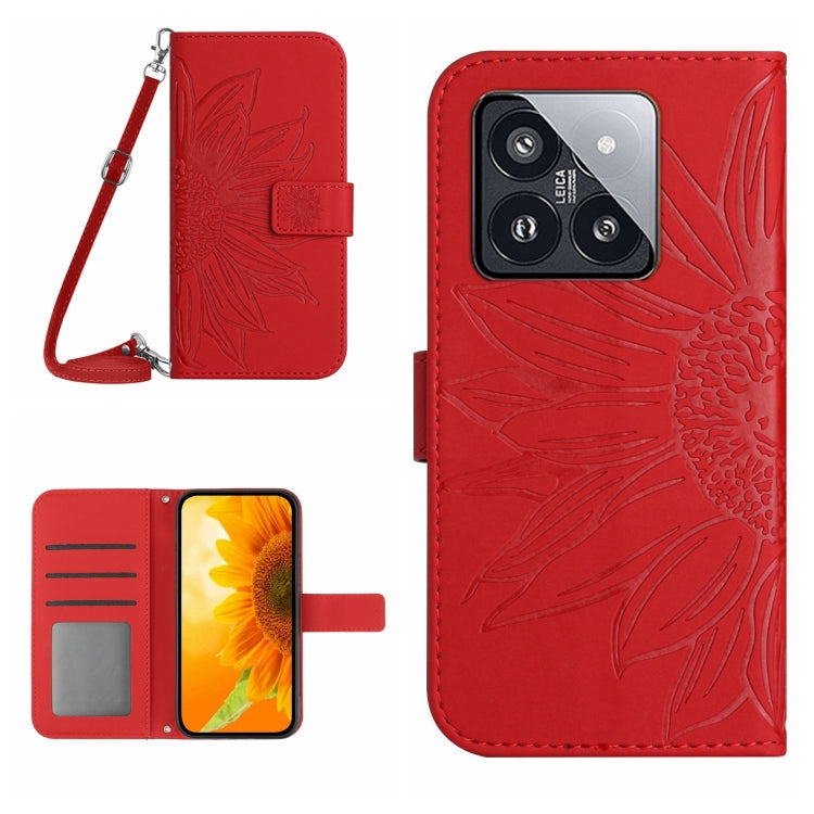 For Xiaomi 14 Skin Feel Sun Flower Embossed Flip Leather Phone Case with Lanyard(Red) - Xiaomi Cases by buy2fix | Online Shopping UK | buy2fix