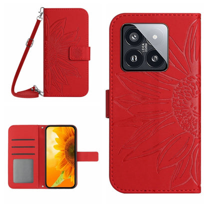 For Xiaomi 14 Skin Feel Sun Flower Embossed Flip Leather Phone Case with Lanyard(Red) - Xiaomi Cases by buy2fix | Online Shopping UK | buy2fix