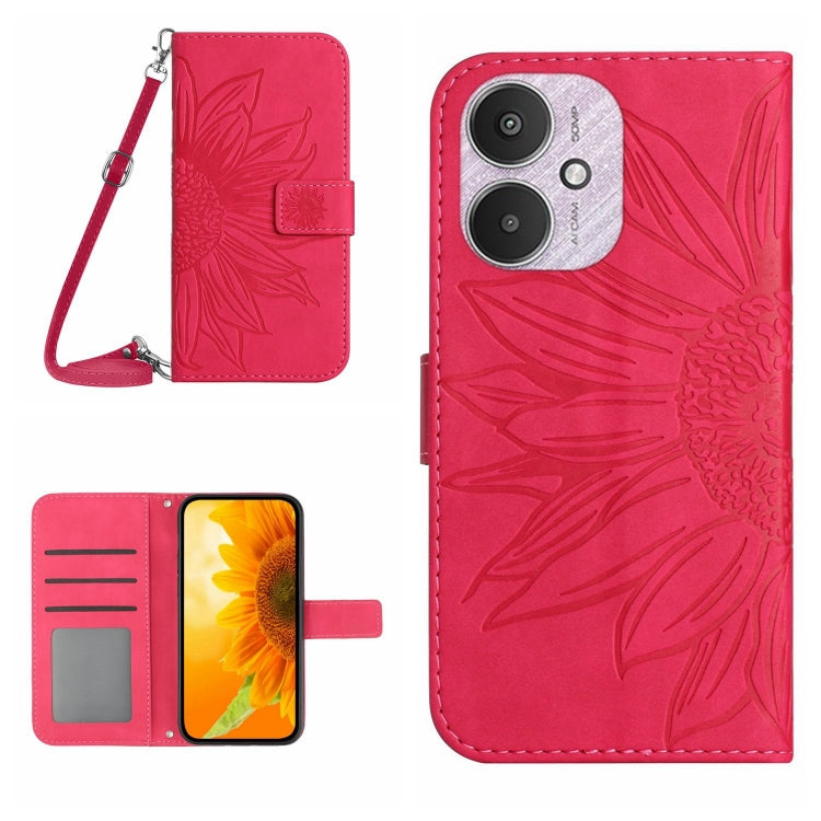 For Xiaomi Redmi 13C 5G Skin Feel Sun Flower Embossed Flip Leather Phone Case with Lanyard(Rose Red) by buy2fix
