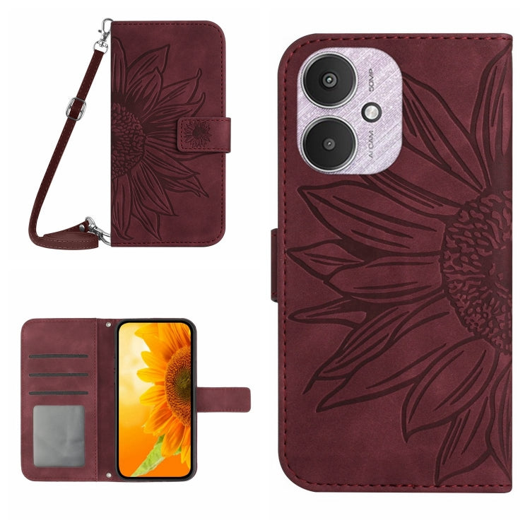 For Xiaomi Redmi 13C 5G Skin Feel Sun Flower Embossed Flip Leather Phone Case with Lanyard(Wine Red) by buy2fix