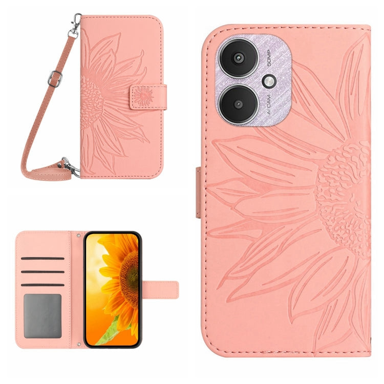 For Xiaomi Redmi 13C 5G Skin Feel Sun Flower Embossed Flip Leather Phone Case with Lanyard(Pink) by buy2fix
