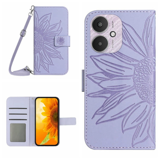 For Xiaomi Redmi 13C 5G Skin Feel Sun Flower Embossed Flip Leather Phone Case with Lanyard(Purple) by buy2fix